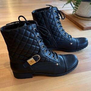 GUESS Black Quilted Lace-Up Combat Boots with Gold Accent NWOT